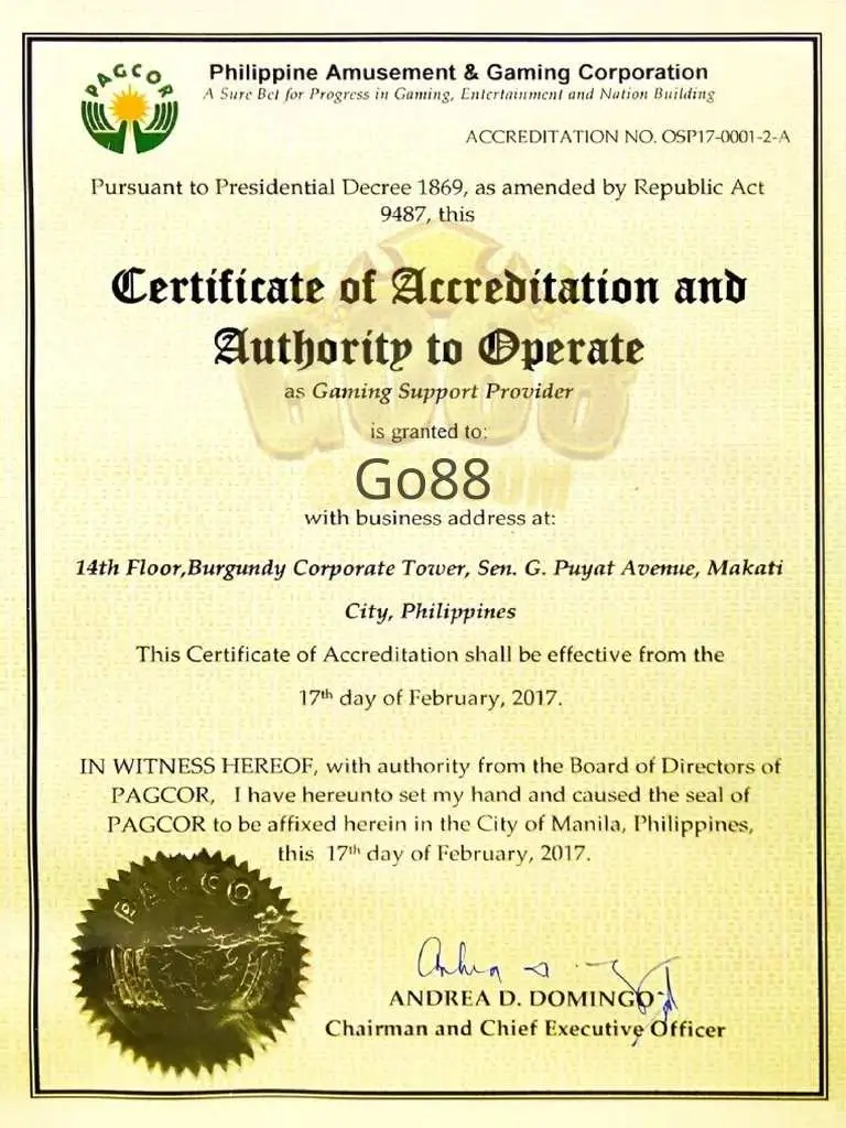 giấy phép PAGCOR go88